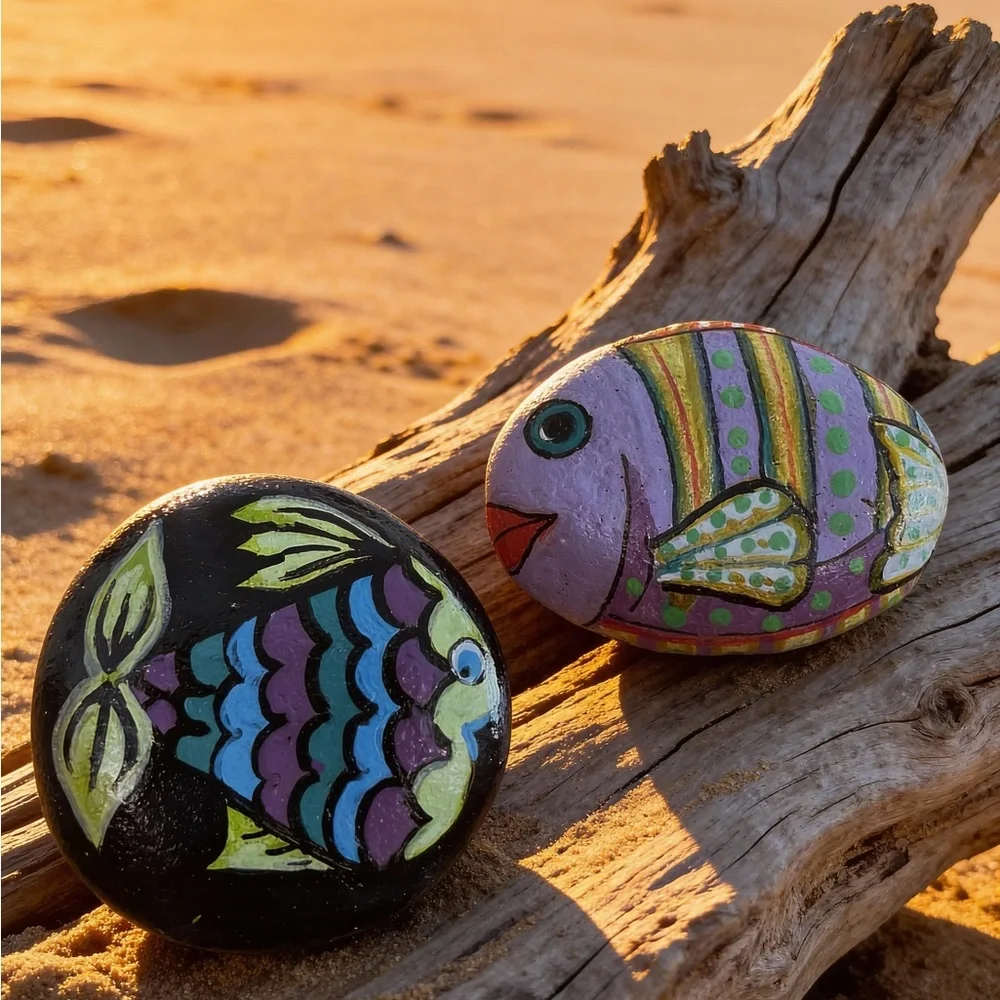 Hand crafted painted fish rocks set of 2 blue purple black yellow dots 2x2 inch